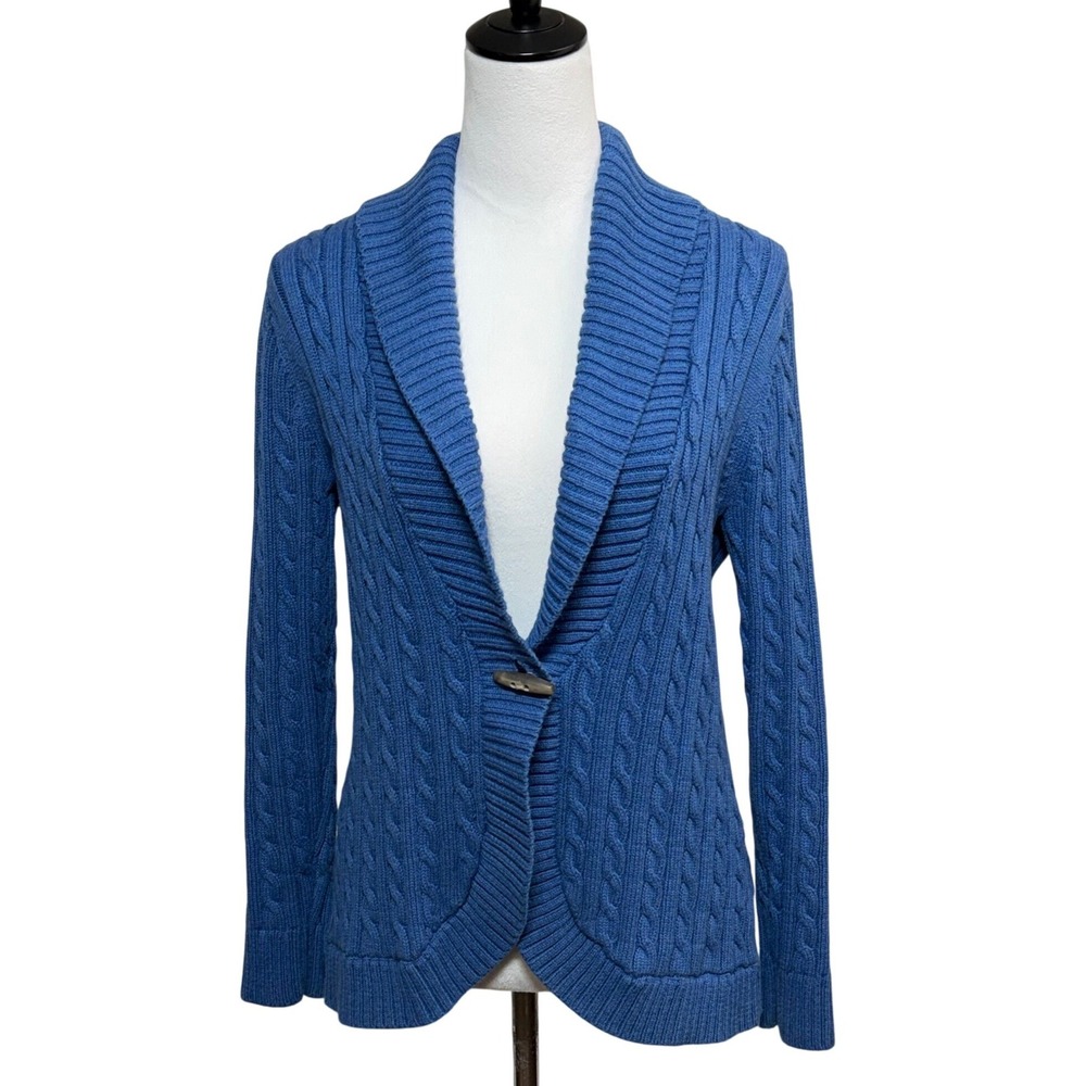 L.L. Bean Cardigan Womens Medium‎ Blue Sweater Cable Knit Shawl Collar Toggle